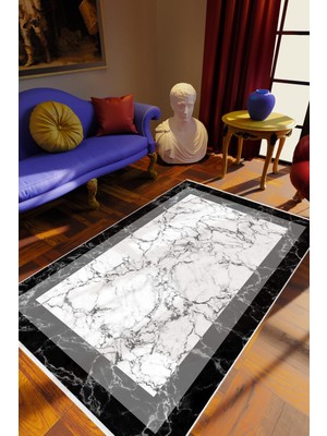Salon Halısı Eskitme Geometrik Mermer Gri Siyah Beyaz Kaydırmaz Yıkanabilir Ince Halı