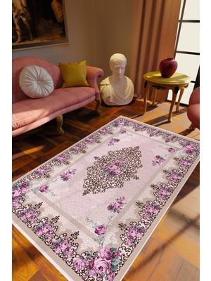 Salon Halısı Figürlü Çiçekli Mor Kaydırmaz Kesme Yıkanabilir Ince Halı Tüysüz Kilim