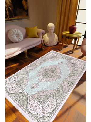 10 Post Online Salon Halısı Klasik Pembe Gri Ekru Kaydırmaz Kesme Yıkanabilir Ince Halı Tüysüz Kilim