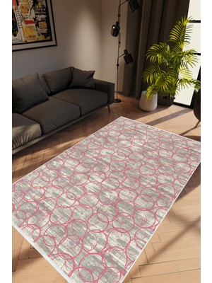 Salon Halısı Modern Geometrik Pembe Gri Gülkkurusu Kaydırmaz Yıkanabilir Ince Halı Tüysüz Kilim
