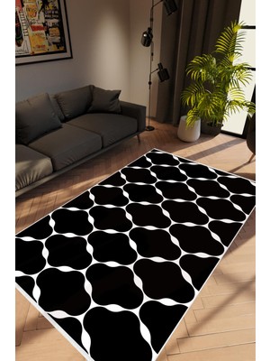 Salon Halısı Modern Geometrik Siyah Beyaz Kaydırmaz Kesme Yıkanabilir Ince Halı Tüysüz Kilim