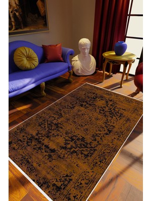 Salon Halısı Klasik Eskitme Kahverengi Kaydırmaz Kesme Yıkanabilir Ince Halı Tüysüz Kilim