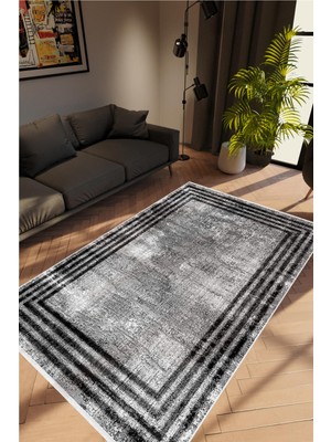 Salon Halısı Doku Eskitme Gri Siyah Kaydırmaz Kesme Yıkanabilir Ince Halı Tüysüz Kilim