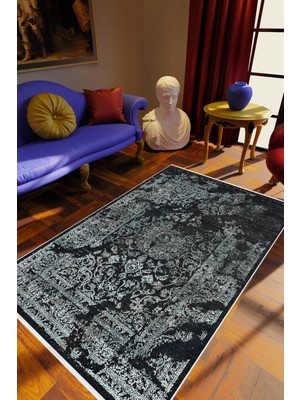Salon Halısı Klasik Eskitme Siyah Gri Kaydırmaz Kesme Yıkanabilir Ince Halı Tüysüz Kilim