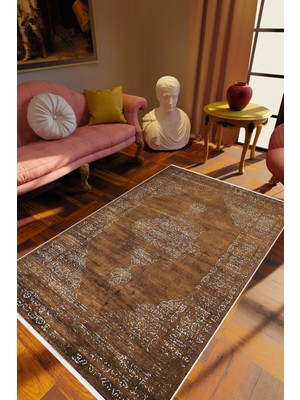 10 Post Online Salon Halısı Klasik Eskitme Kahverengi Krem Kaydırmaz Kesme Yıkanabilir Ince Halı Tüysüz Kilim