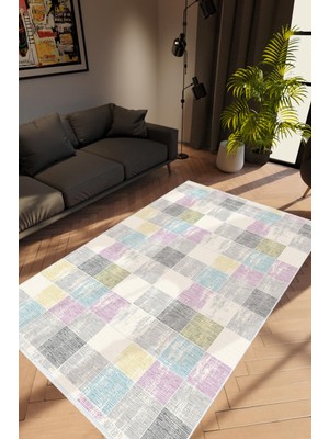 10 Post Online Salon Halısı Modern Patchwork Gri Kaydırmaz Kesme Yıkanabilir Ince Halı Tüysüz Kilim