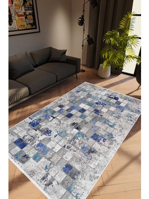 Salon Halısı Modern Patchwork Mozaik Desen Gri Mavi Kaydırmaz Yıkanabilir Ince Halı Tüysüz Kilim