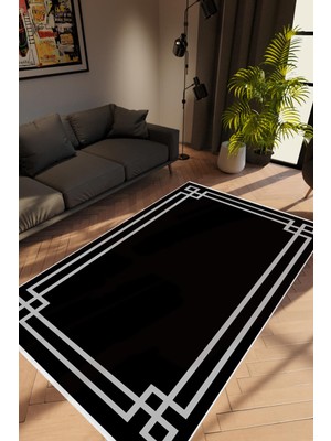 Salon Halısı Modern Çizgili Siyah Krem Kaydırmaz Kesme Yıkanabilir Ince Halı Tüysüz Kilim