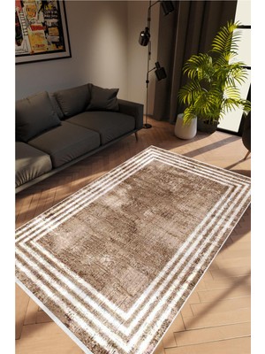 Salon Halısı Doku Eskitme Kahverengi Beyaz Kaydırmaz Kesme Yıkanabilir Ince Halı Tüysüz Kilim