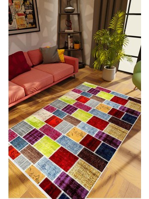 10 Post Online Salon Halısı Modern Patchwork Bej Kaydırmaz Kesme Yıkanabilir Ince Halı Tüysüz Kilim