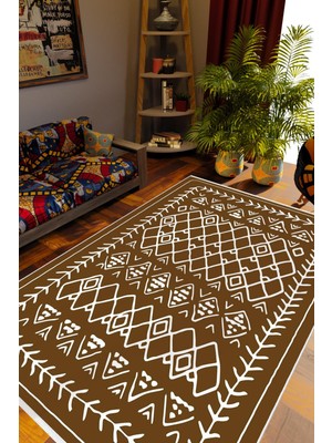Salon Halısı Otantik Eskitme Kahverengi Beyaz Kaydırmaz Kesme Yıkanabilir Ince Halı Tüysüz Kilim