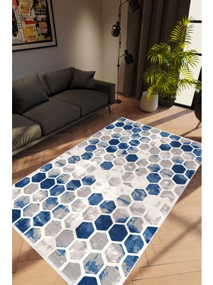 10 Post Online Salon Halısı Modern Patchwork Lacivert Altıgen Gri Mavi Kaydırmaz Yıkanabilir Ince Halı Tüysüz Kilim