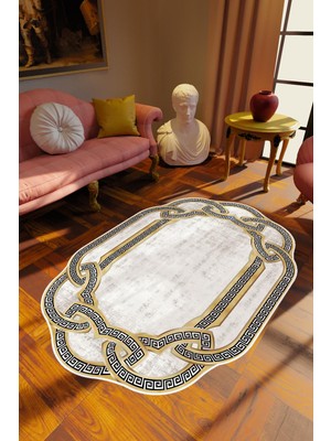 Salon Halısı Klasik Modern Altın Ekru Kaydırmaz Kesme Yıkanabilir Ince Halı Tüysüz Kilim