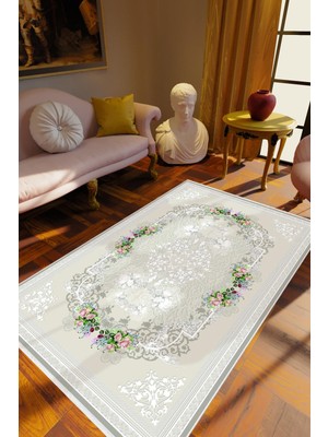Salon Halısı Figürlü Çiçekli Gri Kaydırmaz Kesme Yıkanabilir Ince Halı Tüysüz Kilim