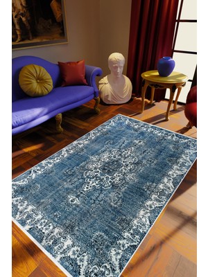 Salon Halısı Klasik Eskitme Mavi Kaydırmaz Kesme Yıkanabilir Ince Halı Tüysüz Kilim