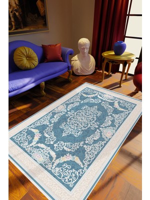 10 Post Online Salon Halısı Klasik Mavi Kaydırmaz Kesme Yıkanabilir Ince Halı Tüysüz Kilim