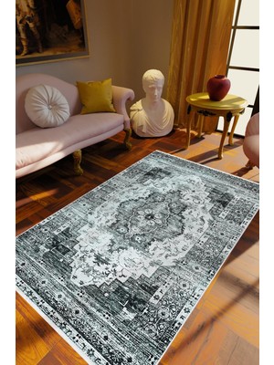 Salon Halısı Klasik Eskitme Metalik Gri Kaydırmaz Kesme Yıkanabilir Ince Halı Tüysüz Kilim