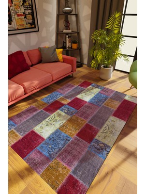 Modern Patchwork Karışık Renkli Dijital Baskı Halı Kaydırmaz Ince Yıkanabilir