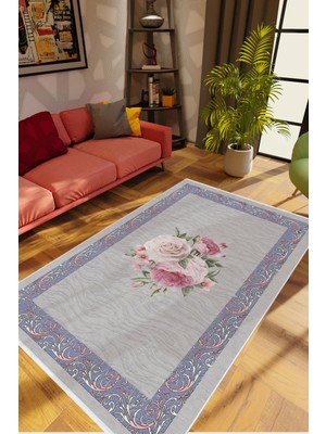 10 Post Online Salon Halısı Çiçekli Gül Temalı Gri Eflatun Pembe Kaydırmaz Yıkanabilir Ince Halı Tüysüz Kilim
