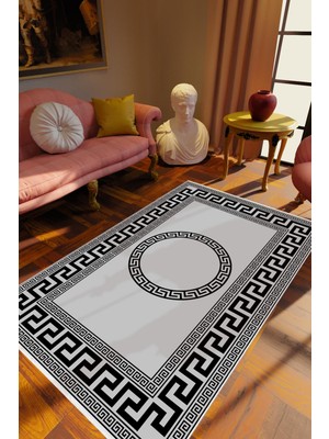 10 Post Online Salon Halısı Klasik Gri Siyah Kaydırmaz Kesme Yıkanabilir Ince Halı Tüysüz Kilim