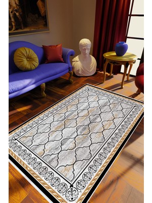 10 Post Online Salon Halısı Eskitme Geometrik Fas Turuncu Gri Kahverengi Kaydırmaz Yıkanabilir Ince Halı Tüysüz