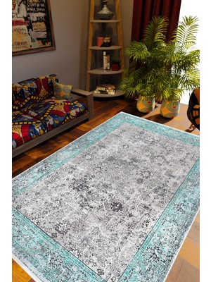 10 Post Online Salon Halısı Otantik Eskitme Gri Turkuaz Kaydırmaz Kesme Yıkanabilir Ince Halı Tüysüz Kilim