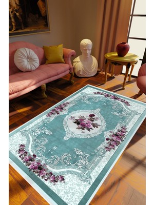 Salon Halısı Figürlü Çiçekli Turkuaz Mavi Mor Kaydırmaz Kesme Yıkanabilir Ince Halı Tüysüz Kilim
