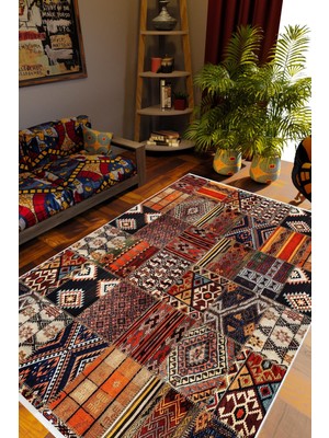 Salon Halısı Otantik Eskitme Patchwork Turuncu Kaydırmaz Kesme Yıkanabilir Ince Halı Tüysüz Kilim