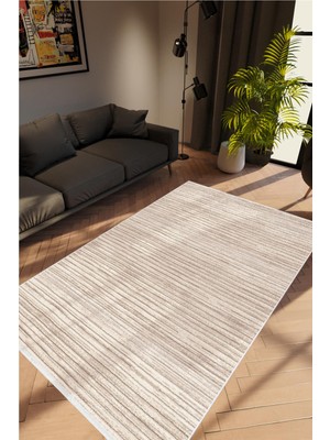 Salon Halısı Modern Eskitme Kahverengi Bej Kaydırmaz Kesme Yıkanabilir Ince Halı Tüysüz Kilim