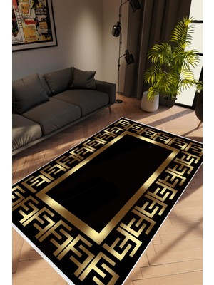10 Post Online Salon Halısı Modern Klasik Altın Gold Siyah Kaydırmaz Kesme Yıkanabilir Ince Halı Tüysüz Kilim