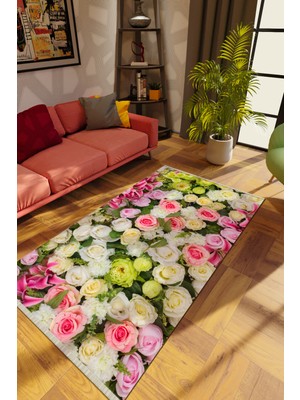 Modern Çiçekli Karışık Renkli Dijital Baskı Halı Kaydırmaz Ince Yıkanabilir