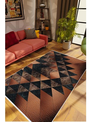 Salon Halısı Modern Geometrik Metalik Kahve Siyah Kaydırmaz Kesme Yıkanabilir Ince Halı Tüysüz Kilim