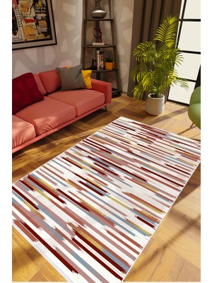 10 Post Online Salon Halısı Eskitme Çizgili Bordo Kaydırmaz Kesme Yıkanabilir Ince Halı Tüysüz Kilim