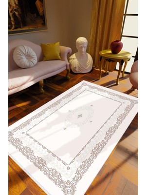 Salon Halısı Klasik Beyaz Gri Krem Kaydırmaz Kesme Yıkanabilir Ince Halı Tüysüz Kilim