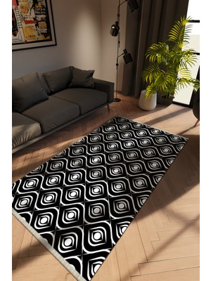 Modern Siyah Dijital Baskı Halı Kaydırmaz Ince Yıkanabilir