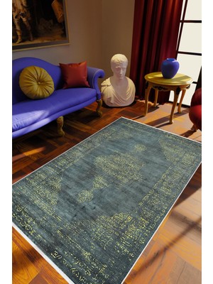 10 Post Online Salon Halısı Klasik Eskitme Yeşil Kaydırmaz Kesme Yıkanabilir Ince Halı Tüysüz Kilim