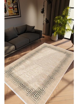 Salon Halısı Modern Klasik Kahverengi Vizon Kaydırmaz Kesme Yıkanabilir Ince Halı Tüysüz Kilim