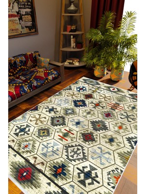 Salon Halısı Kilim Desenli Otantik Eskitme Yeşil Kaydırmaz Kesme Yıkanabilir Ince Halı Tüysüz Kilim