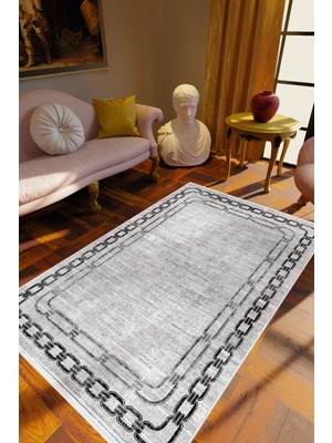 10 Post Online Salon Halısı Klasik Zincir Desenli Gri Kaydırmaz Kesme Yıkanabilir Ince Halı Tüysüz Kilim