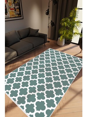 Salon Halısı Modern Geometrik Fas Yeşil Beyaz Kaydırmaz Yıkanabilir Ince Halı Tüysüz Kilim