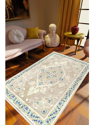 Salon Halısı Klasik Bej Ekru Mavi Kaydırmaz Kesme Yıkanabilir Ince Halı Tüysüz Kilim