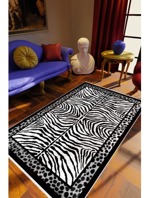 Salon Halısı Klasik Eskitme Zebra Gri Siyah Beyaz Kaydırmaz Kesme Yıkanabilir Ince Halı Tüysüz Kilim