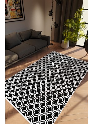 Salon Halısı Modern Geometrik Siyah Beyaz Kaydırmaz Kesme Yıkanabilir Ince Halı Tüysüz Kilim