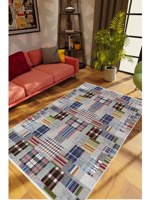 Salon Halısı Modern Patchwork Gri Kaydırmaz Kesme Yıkanabilir Ince Halı Tüysüz Kilim