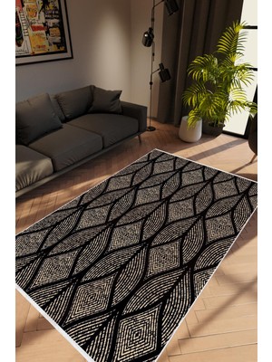 Salon Halısı Modern Geometrik Siyah Krem Kaydırmaz Kesme Yıkanabilir Ince Halı Tüysüz Kilim