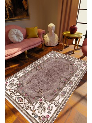 Salon Halısı Figürlü Çiçekli Kahverengi Beyaz Mor Kaydırmaz Kesme Yıkanabilir Ince Halı Tüysüz Kilim