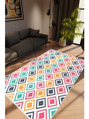 Salon Halısı Modern Geometrik Siyah Mavi Sarı Turkuaz Pembe Kaydırmaz Yıkanabilir Ince Halı Tüysüz