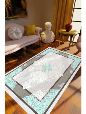 Salon Halısı Klasik Gri Krem Kaydırmaz Kesme Yıkanabilir Ince Halı Tüysüz Kilim