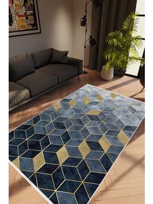10 Post Online Salon Halısı Modern Geometrik Lacivert Gri Mavi Metalik Kaydırmaz Yıkanabilir Ince Halı Tüysüz Kilim