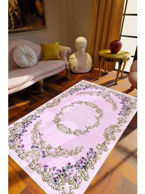 10 Post Online Salon Halısı Figürlü Çiçekli Pembe Mor Kaydırmaz Kesme Yıkanabilir Ince Halı Tüysüz Kilim